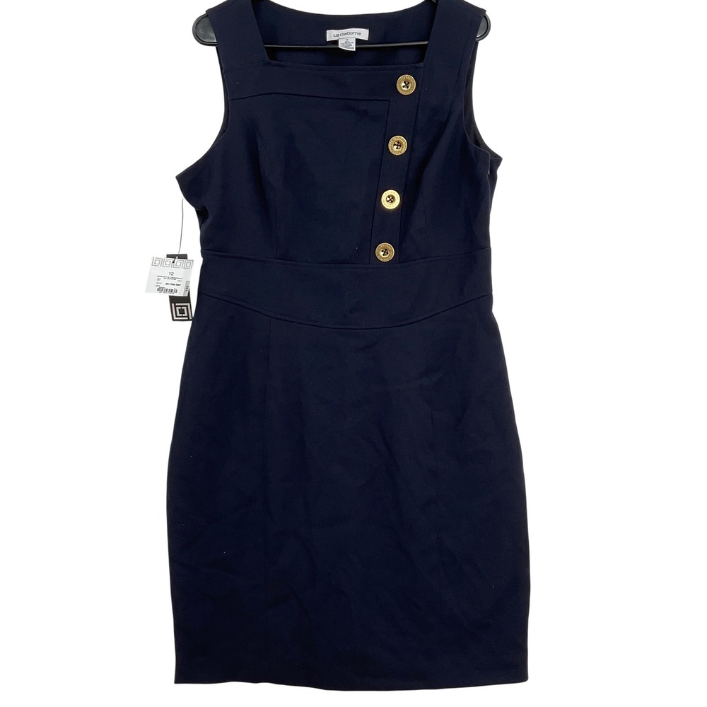 Liz Claiborne Navy Blue Sleeveless Sheath‎ Dress Gold Button Detail Size 12 NEW
